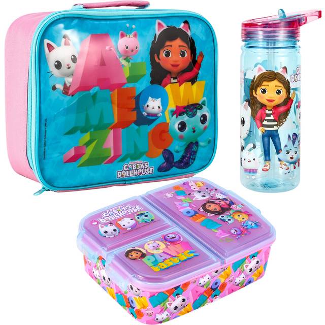Gabby's Dollhouse Kids Childrens Lunch Box Set â Insulated Lunch Bag, Multicompartment Lunch Box & 580ml Water Bottle - School Travel Lunch Food Set