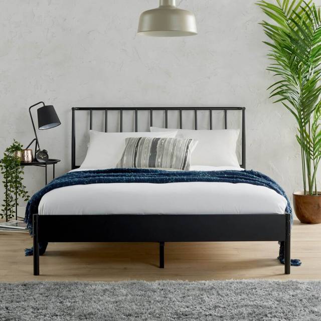 King Black Metal Bed Frame with Headboard Home Bedroom Furniture Wooden Slats