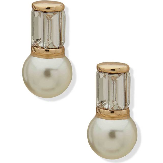 Anne Klein Women's Baguette Stone Post with Faux Pearl Drop Pierced Earring in Gold Tone size 0.76"