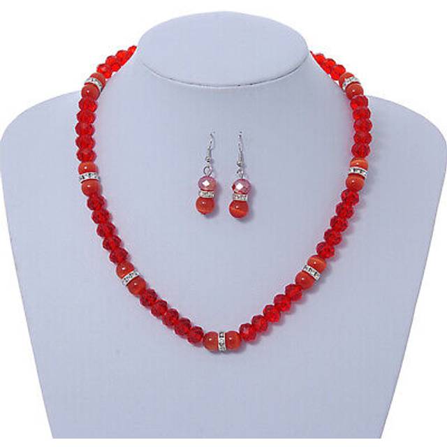 Bright red glass bead necklace & drop earrings set with diamante rings - 44cm