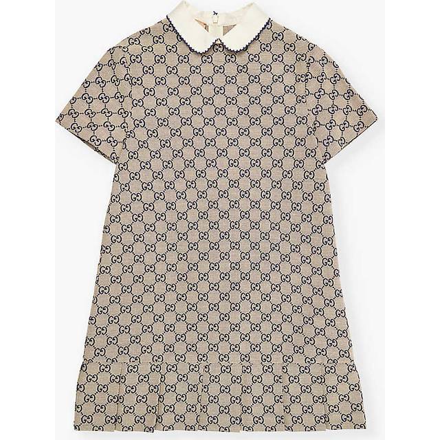 Gucci Girls Oatmilk/blue Kids Monogram-pattern Short-sleeved Cotton-blend Dress 4-12 Years 12