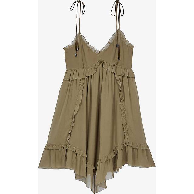 The Kooples Womens Kaki Ruffled Empire-waist Silk Mini Dress S - KAKI