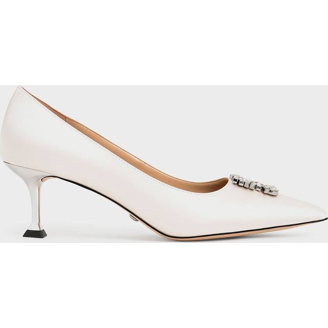 Charles & Keith - Ever Satin Gem-Embellished Kitten Heel Pumps - Cream - UK 4