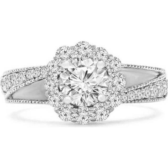 Majesty Diamonds MD240181-9 1.66 CTW Round Lab Created Diamond Split-Shank Floral Halo Engagement Ring in 14K White Gold - Size 9