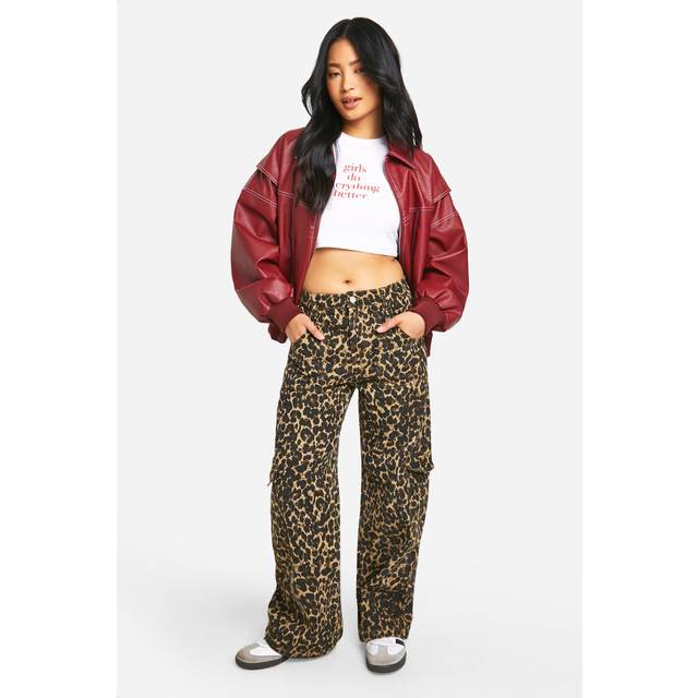 Womens Petite DSGN Studio Leopard Denim Cargo Jeans - Multi - 8