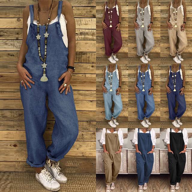 Uk women's cotton casual overalls jumpsuit strap rompers dungaree loose trousers