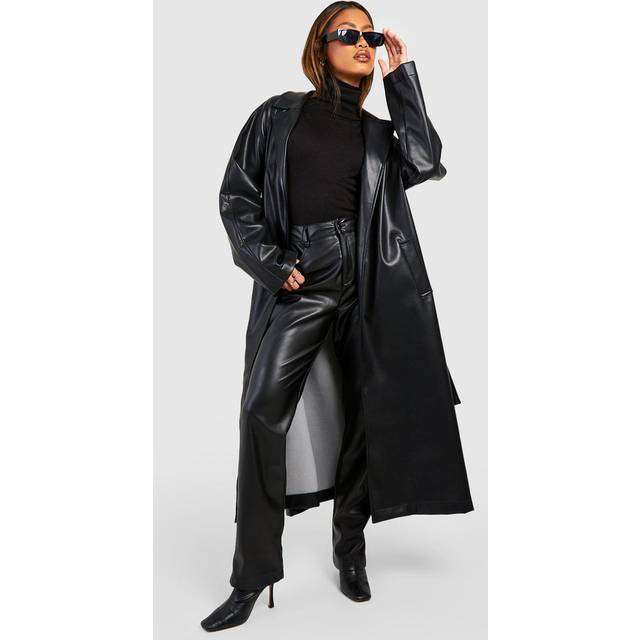 Womens Oversized Faux Leather Belted Trench Coat - Black - 10