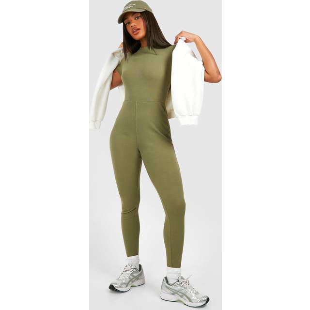 Womens Basic Cap Sleeve Rib Unitard Jumpsuit - Green - 14