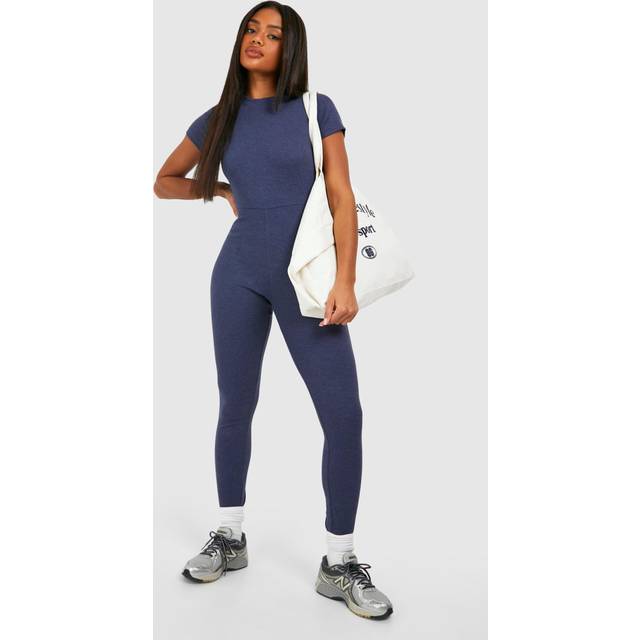 Womens Basic Cap Sleeve Rib Unitard Jumpsuit - Blue - 14