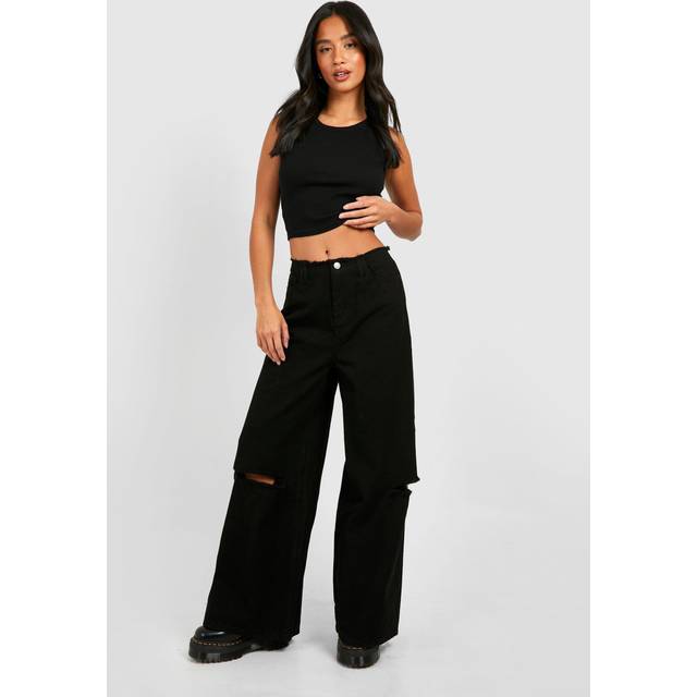 Womens Petite Low Rise Fray Wide Leg Jean - Black - 10, Black