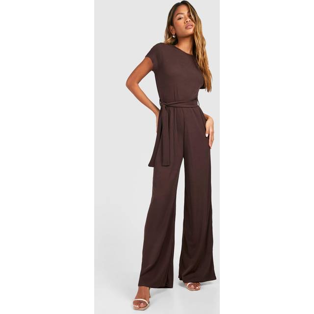 Womens Slouchy Belted Soft Rib Jumpsuit - Brown - 16, Brown