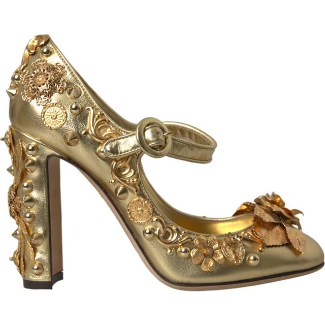 Dolce & Gabbana Gold Leather Crystal Mary Janes Pumps Shoes - EU36/US5.5