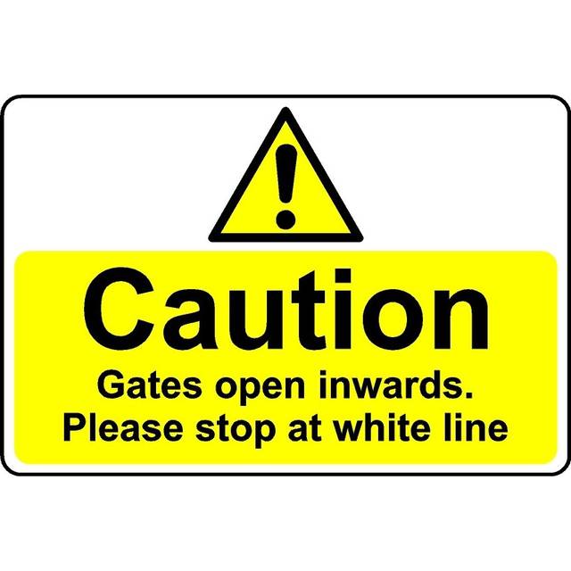 Caution gates open inwards stop at line safety sign - 3mm Aluminium sign - 300mm x 200mm