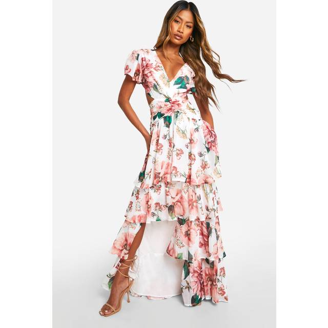 Womens Floral Ruffle Tiered Cut Out Maxi Dress - White - 18, White