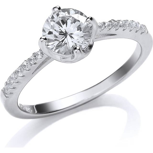 (P) Jewelco London Ladies Rhodium Plated Sterling Silver Cubic Zirconia Shoulder-Set 4 Claw Solitaire Engagement Ring