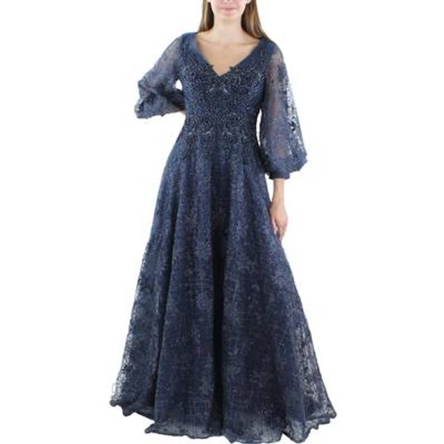 Mac Duggal Embellished Plunge Neck Puff Sleeve A-Line Gown