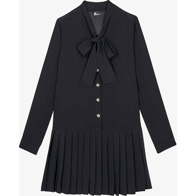 The Kooples Womens Black Ascot-collar Pleated-skirt Woven Mini Dress S - BLACK