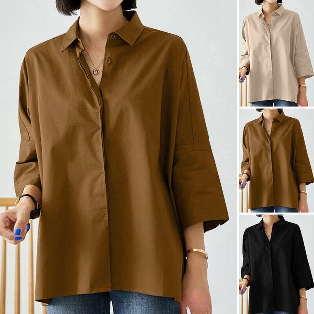 Women button down shirts blouse 3/4 sleeve collared office work dress tops plus