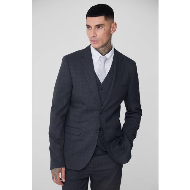 Mens Tall Charcoal Check Single Breasted Slim Fit Suit Jacket