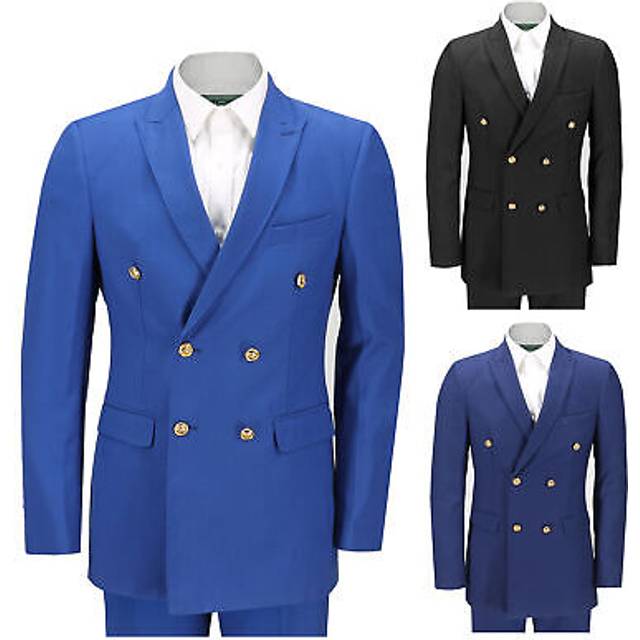 (42, Black) Mens Gold Button Peak Lapel 2 Piece Suit in Navy Blue, Black Double Breasted Tailored Fit Jacket