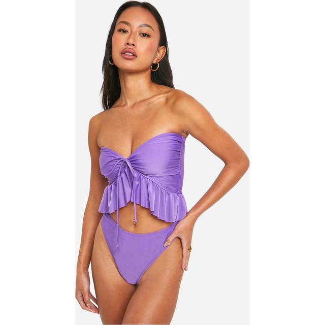 Womens Frill Longline Bandeau Hipster Bikini Set - Purple - 14, Purple
