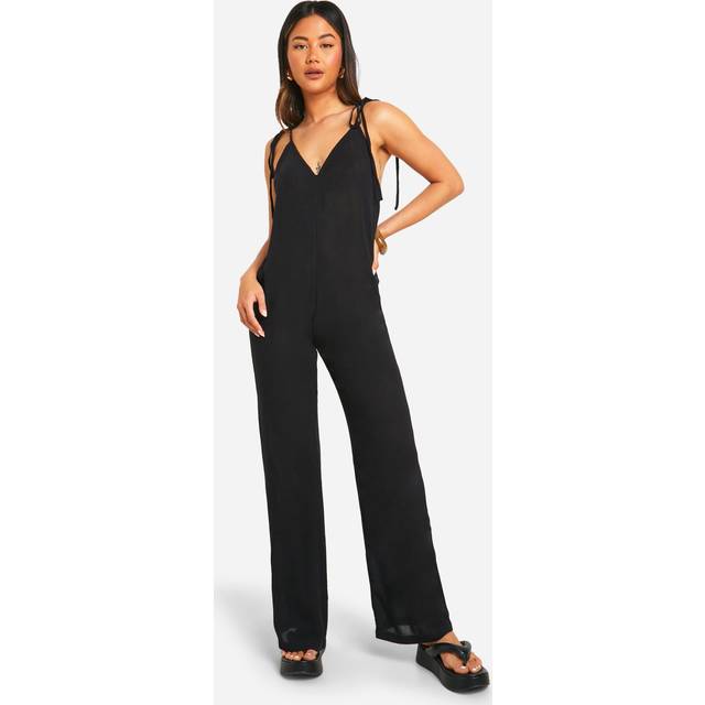 Womens Strappy Cheesecloth Wide Leg Jumpsuit - Black - 10, Black