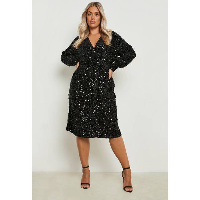 Boohoo Womens Plus Velvet Sequin Wrap Midi Dress - Black - Size 22 UK