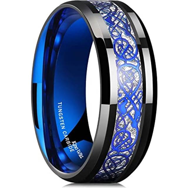 King Will DRAGON Mens Black Tungsten Carbide Ring 8mm Blue Celtic Dragon Wedding Band Comfort Fit High Polished(13)