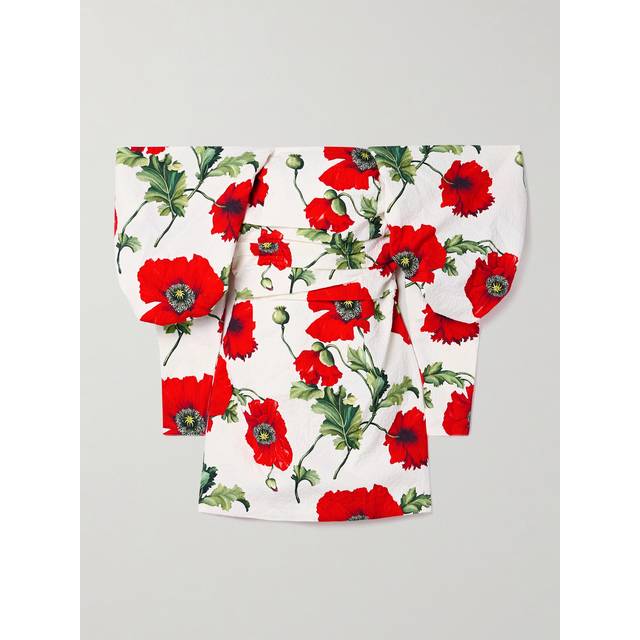 Oscar De La Renta Off-Shoulder Draped Poppies Silk-Lined Mini Dress