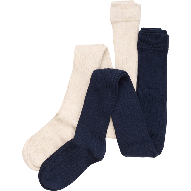 Minymo Girls Navy Blue & Ivory Knitted Cotton Tights (2 Pack) - Blue/Ivory - 8-9 year