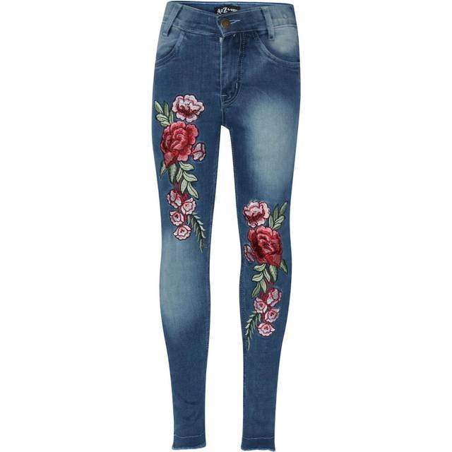 (11-12 Years) Kids Girls Stretchy Jeans Roses Embroidered Mid Blue Denim Pants Trouser Jegging