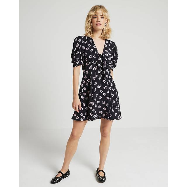 River Island Womens Swing Mini Dress Black Floral Tie Front Viscose - Size 12 UK