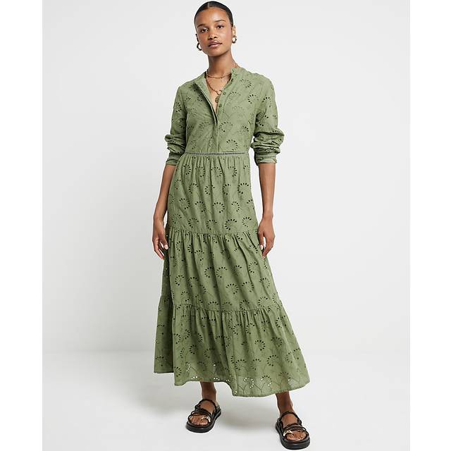River Island Womens Khaki Broderie Tiered Midi Shirt Dress - 6