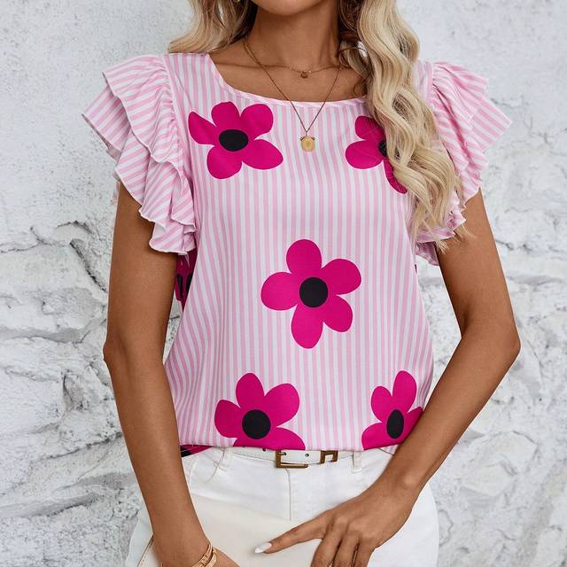 Luneh Women&#39;s Summer Round Neck Striped Flower Printed Fashion Casual Blouse With Flare Sleeves Spring Clothes
