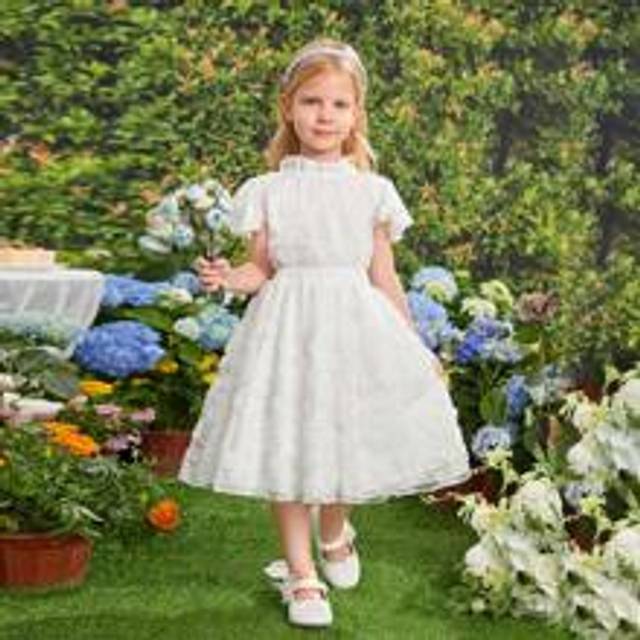 Ung flicka bröllop/fest utomhus mesh blomma volang ärmar topp och kjol två delar Set - Vitt (6Y,7Y,4Y,5Y)