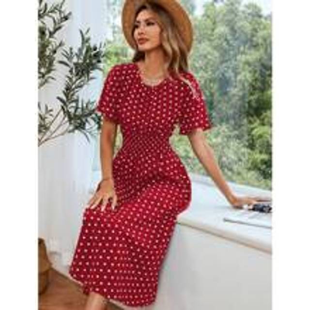 Fashionabla kortärmade damklänningar med volanger i fåll och midja för nyår Kläder Maxi Vacation Beach Outfit - Röd (L,M,S,XL)