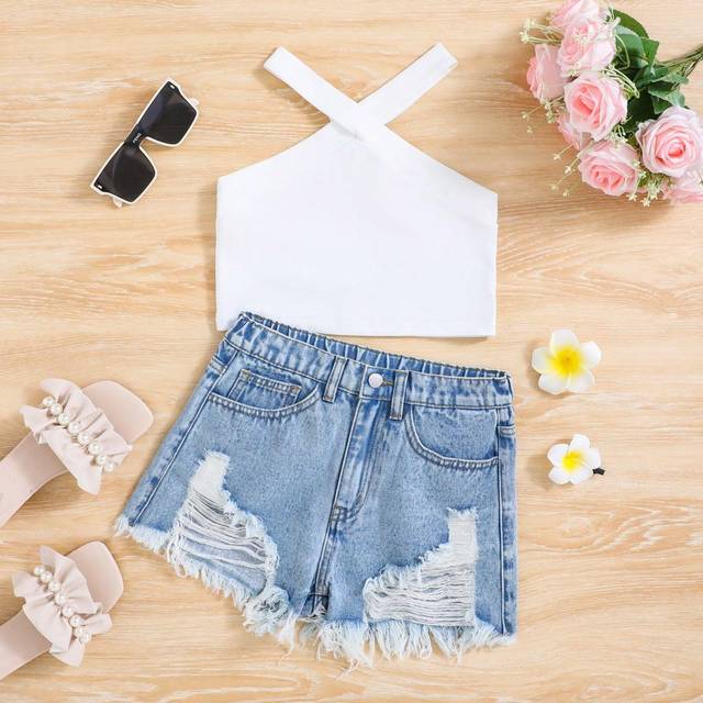 SHEIN Tween Girl Spring Summer Boho 2 Pieces Solid Neck Hanging Tank Top& Stonewashed Distressed Ripped Raw Hem Wrap Denim Jeans Shorts Set,Summer Girls Clo