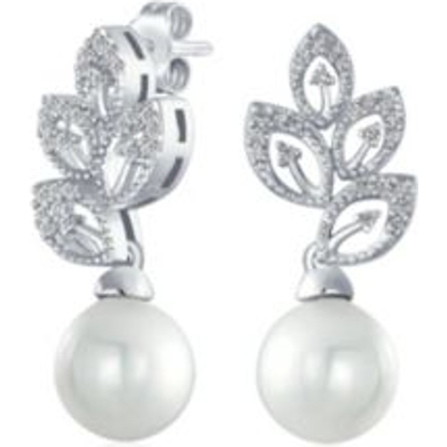 Vintage Style Clear CZ Statement Fashion Leaves White Simulated Pearl Drop Earrings for Women for Silver  Bride Prom, Plated