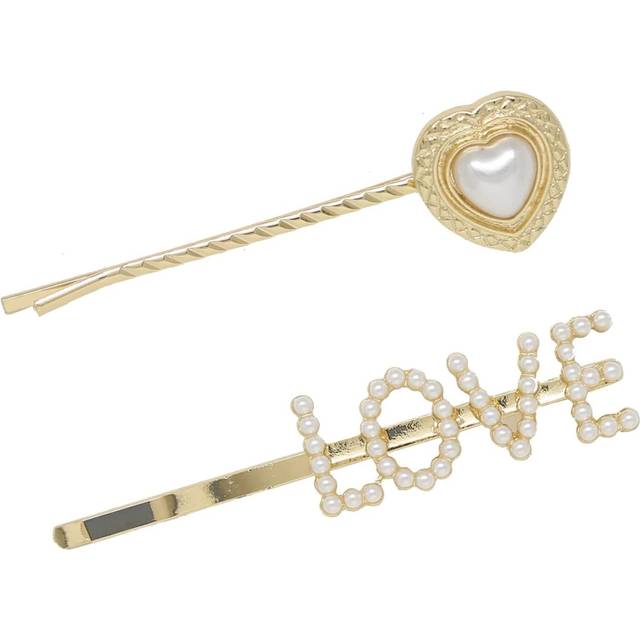 Ettika Hair Pins  Gold Hair Accessories. Rhinestone Hair Pins. Gold Tone Metal Pearl Love Heart Hair Pins Set of 2