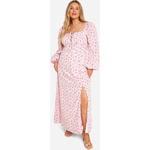 Womens Plus Ditsy Balloon Sleeve Milkmaid Maxi Dress - Pink - 28
