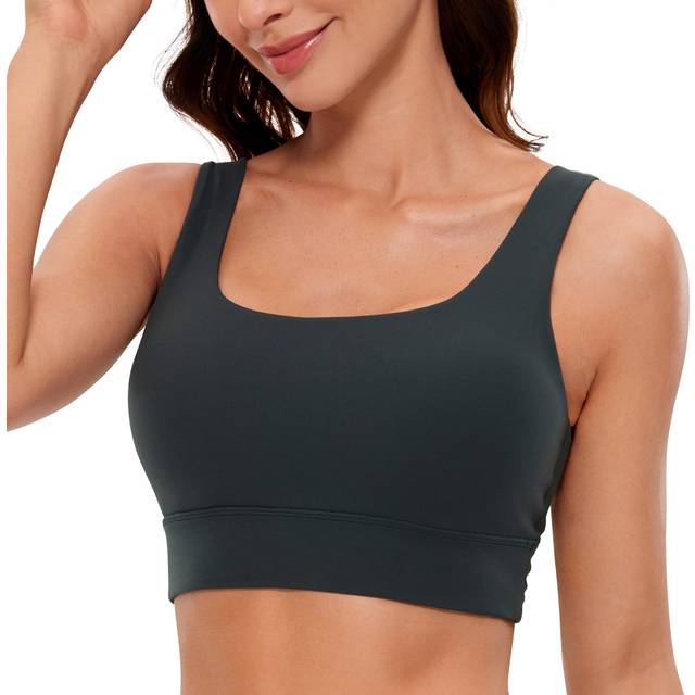 CRZ YOGA Butterluxe Womens U Back Sports Bra - Scoop Neck Padded Low Impact Yoga Bra Workout Crop Top with Built in Bra Melanite Medium