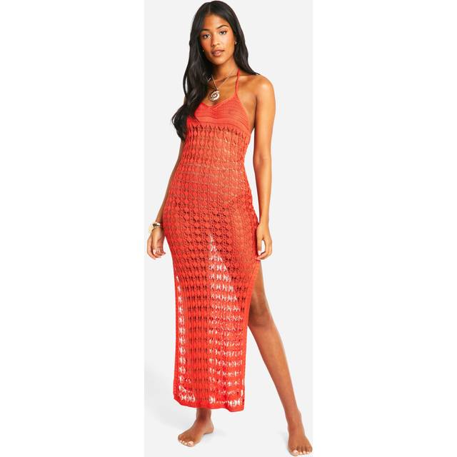 Womens Tall Crochet Knitted Halterneck Beach Midaxi Dress - Red - 14
