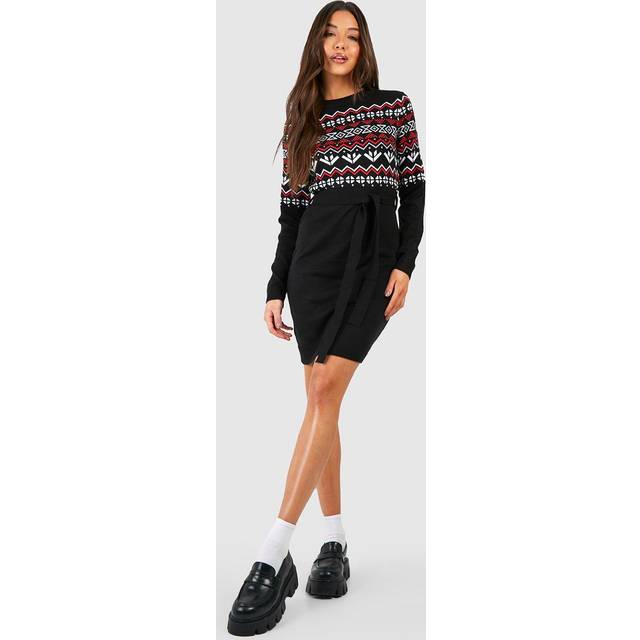 Womens Belted Fairisle Christmas Jumper Dress - Black - S, Black