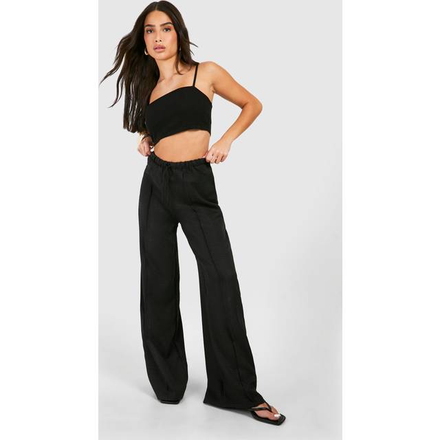 Womens Petite Seam Detail Linen Look Wide Leg Trouser - Black - 16