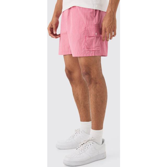 Elasticated Waist Pinstripe Linen Look Short In Red - XS