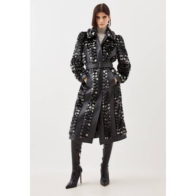 Faux Fur Pu Panelled Abstract Belted Coat - Black