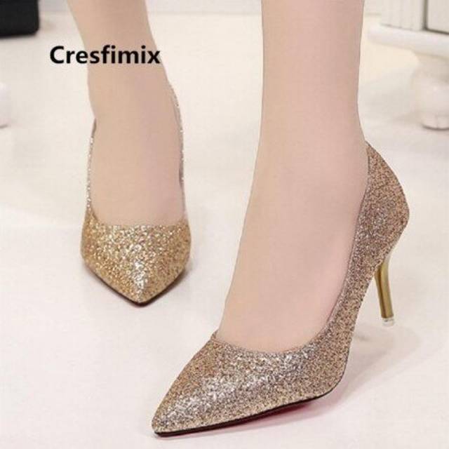(ccc) Cresfimix mujer tacones altos women cute sweet silver shining 7cm high heel shoes bridal golden comfortable wedding shoes a3231