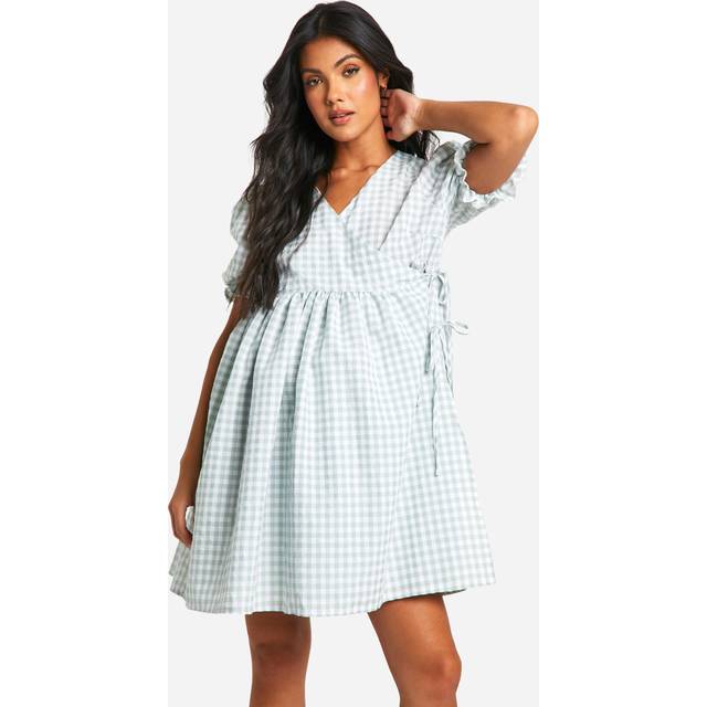 Womens Maternity Gingham Puff Sleeve Wrap Mini Smock Dress - Green - 14, Green