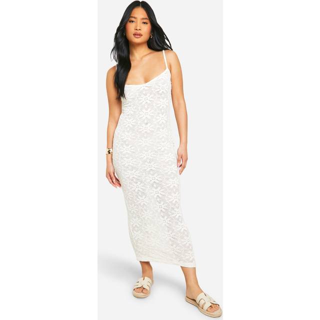 Womens Petite Floral Knit Strappy Maxi Dress - Cream - M, Cream