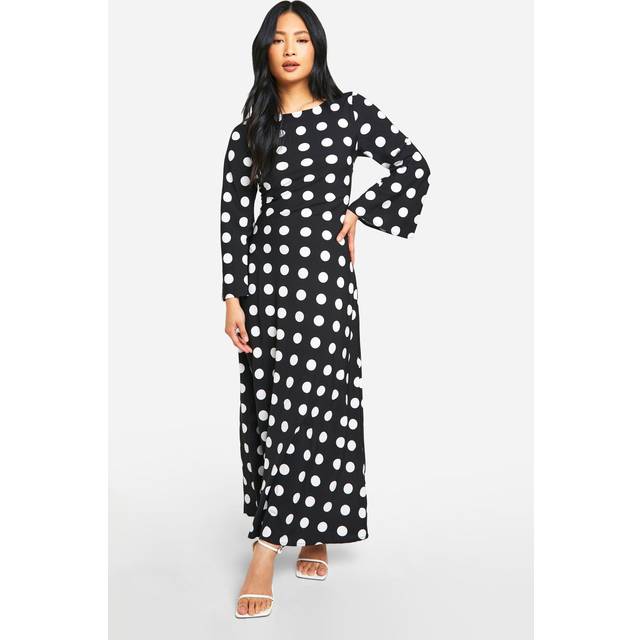 Womens Petite Polkadot Print Flare Sleeve Maxi Dress - Black - 10